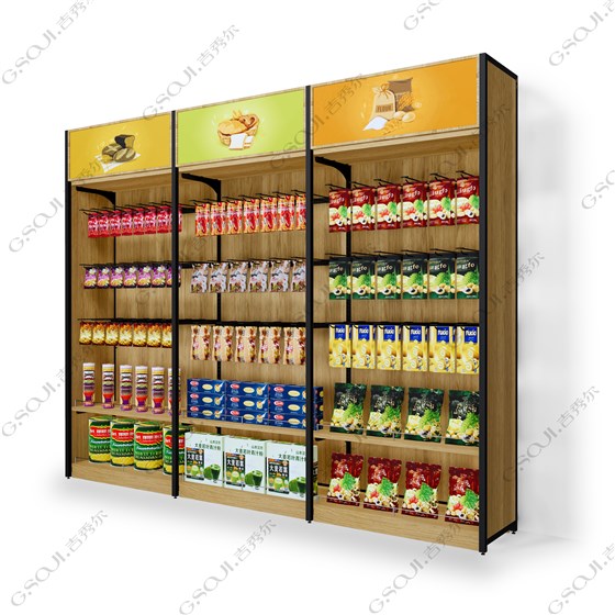 A3组合展示-休闲百货进口食品便利店货架钢木靠墙柜靠墙货架 便利店零食货架带灯箱 挂件架