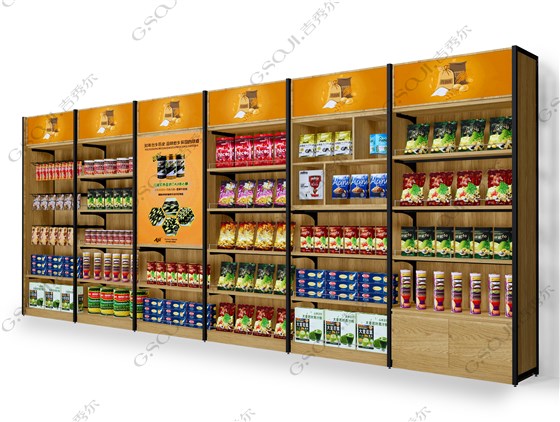 休闲百货进口食品便利店货架钢木靠墙柜靠墙货架 便利店零食货架带灯箱 展示