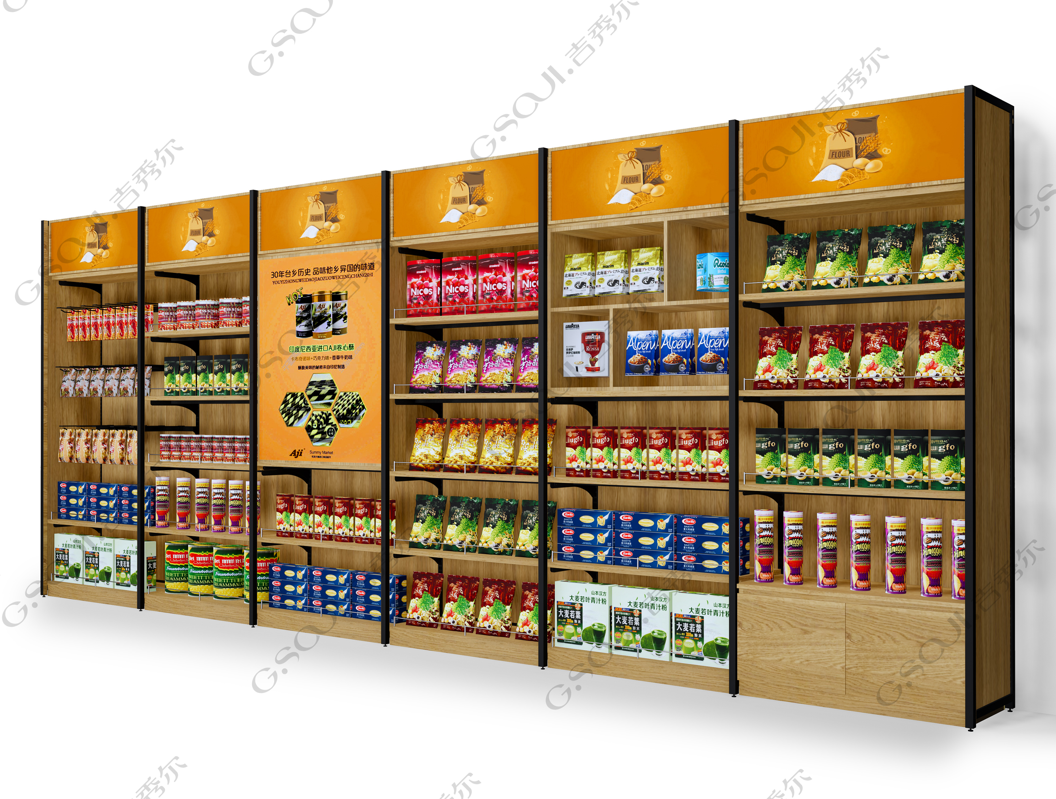 休闲百货进口食品便利店货架钢木靠墙柜靠墙货架 便利店零食货架带